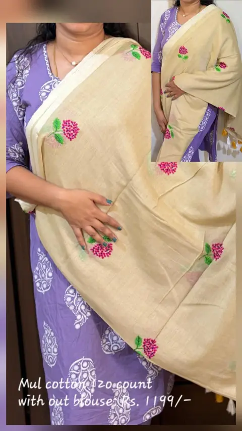 Mul cotton Embroidery Saree